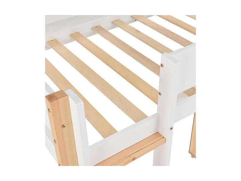Lit mezzanine 90x200cm - avec escalier 、un placard amovible et barrières de sécurité - cadre de lit en bois massif - Blanc & Naturel