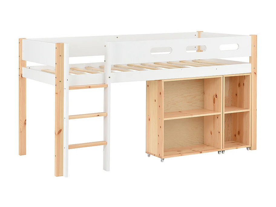 Lit mezzanine 90x200cm - avec escalier 、un placard amovible et barrières de sécurité - cadre de lit en bois massif - Blanc & Naturel