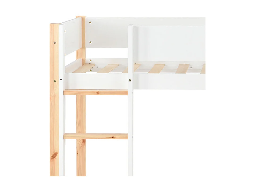 Lit mezzanine 90x200cm - avec escalier 、un placard amovible et barrières de sécurité - cadre de lit en bois massif - Blanc & Naturel
