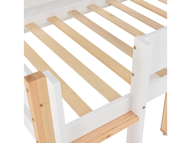 Lit mezzanine 90x200cm - avec escalier 、un placard amovible et barrières de sécurité - cadre de lit en bois massif - Blanc & Naturel