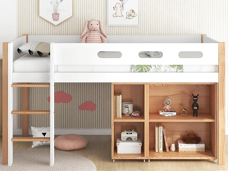 Cama alta 90x200 cm - con escalera, armario extraíble y barreras de seguridad - estructura de cama de madera maciza - Blanco y Natural