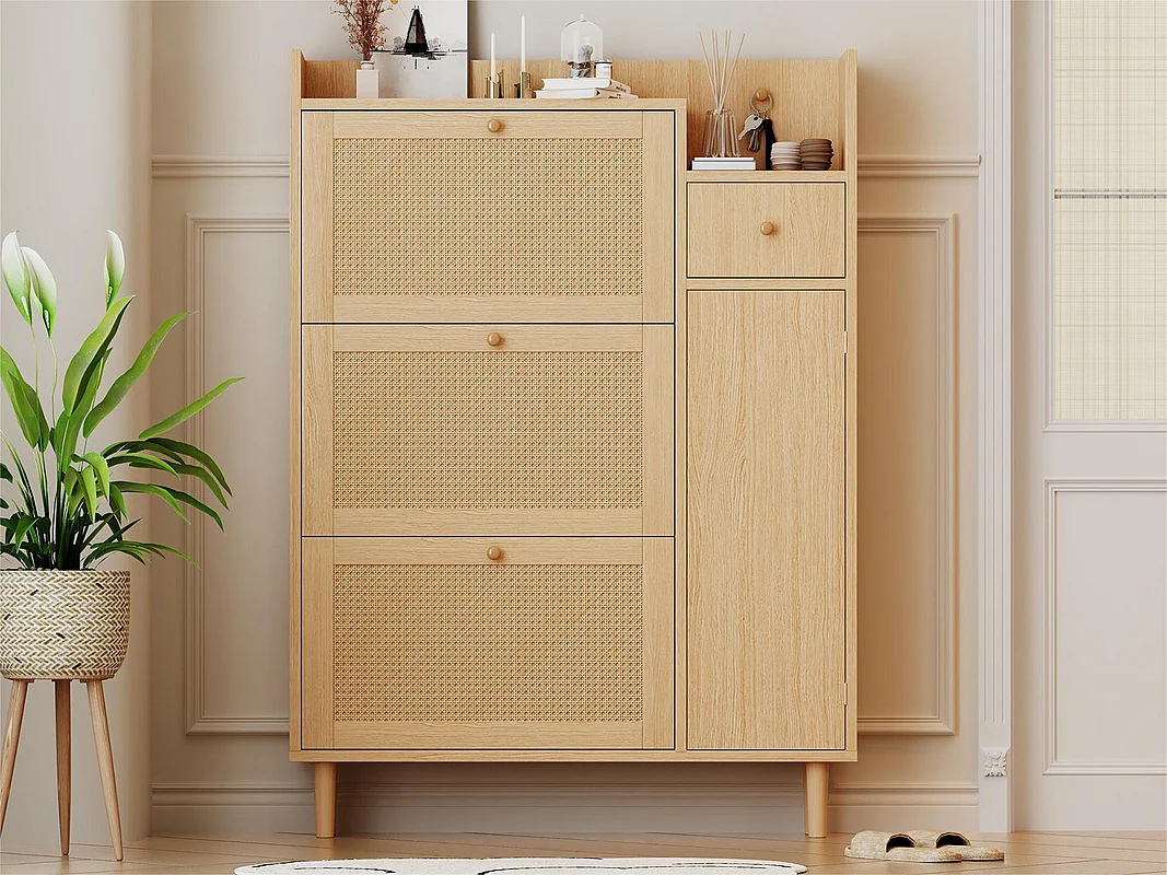 Zapatero de madera y ratán - 3 puertas abatibles y 1 cajón - balda regulable - Natural