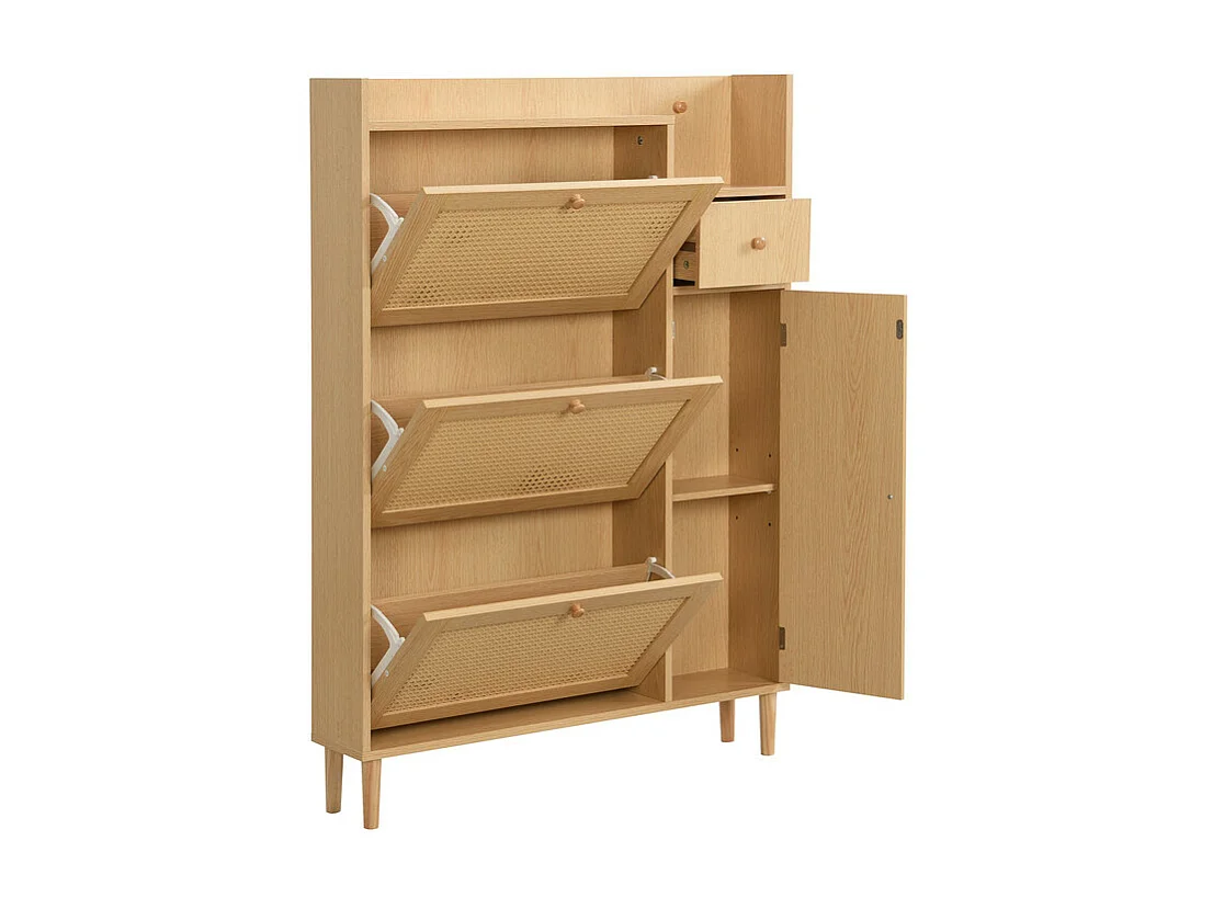 Zapatero de madera y ratán - 3 puertas abatibles y 1 cajón - balda regulable - Natural