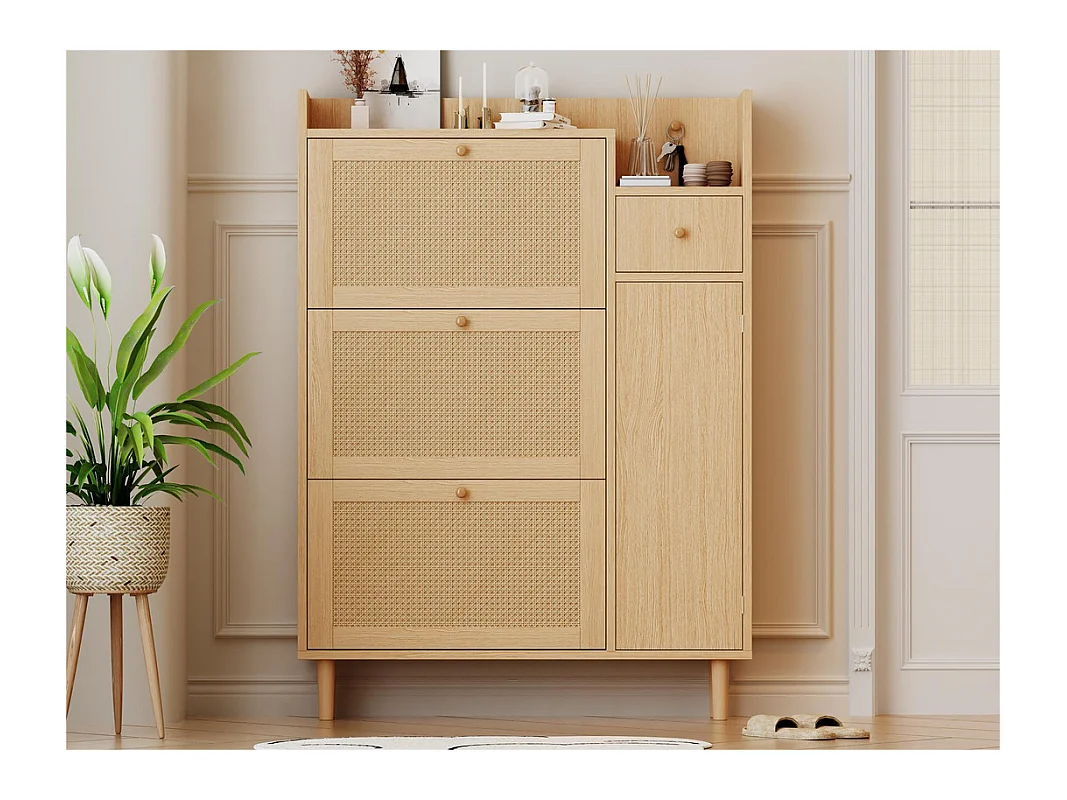 Meuble à chaussures en bois et rotin - 3 portes abattants et 1 tiroir - étagère réglable - Naturel