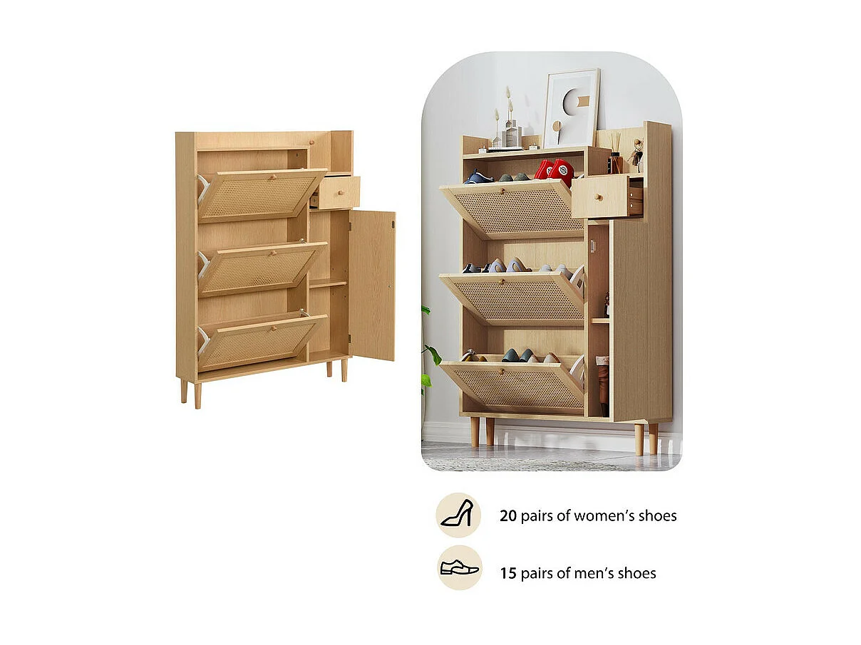Meuble à chaussures en bois et rotin - 3 portes abattants et 1 tiroir - étagère réglable - Naturel