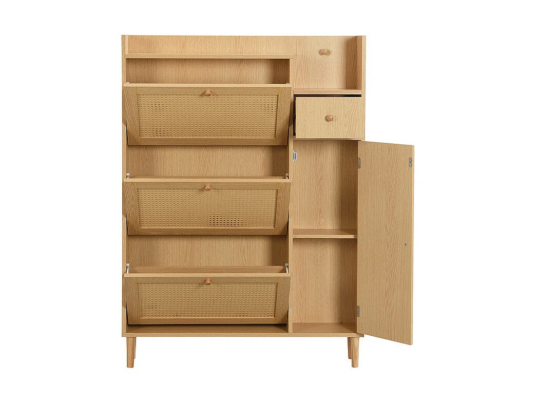 Meuble à chaussures en bois et rotin - 3 portes abattants et 1 tiroir - étagère réglable - Naturel
