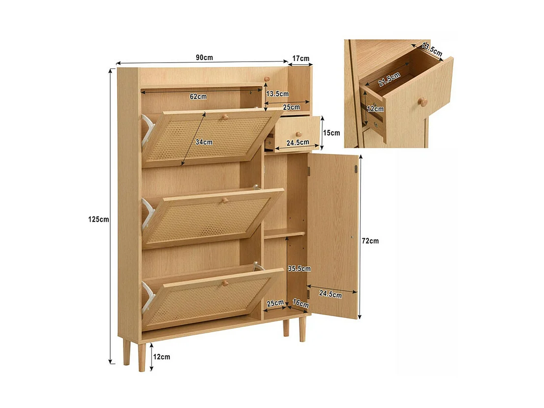 Meuble à chaussures en bois et rotin - 3 portes abattants et 1 tiroir - étagère réglable - Naturel