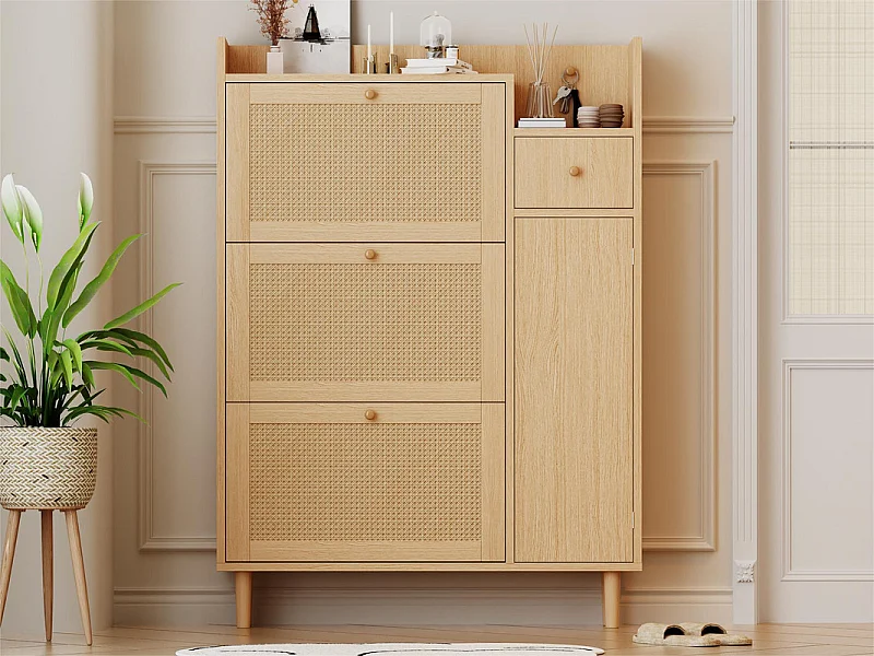 Meuble à chaussures en bois et rotin - 3 portes abattants et 1 tiroir - étagère réglable - Naturel