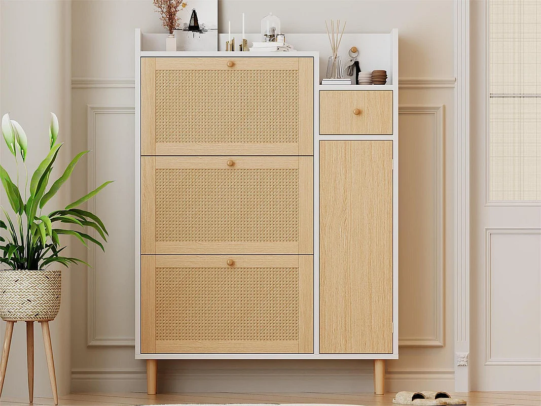 Schuhschrank aus Holz und Rattan – 3 Klapptüren und 1 Schublade – verstellbares Regal – Natur und Weiß