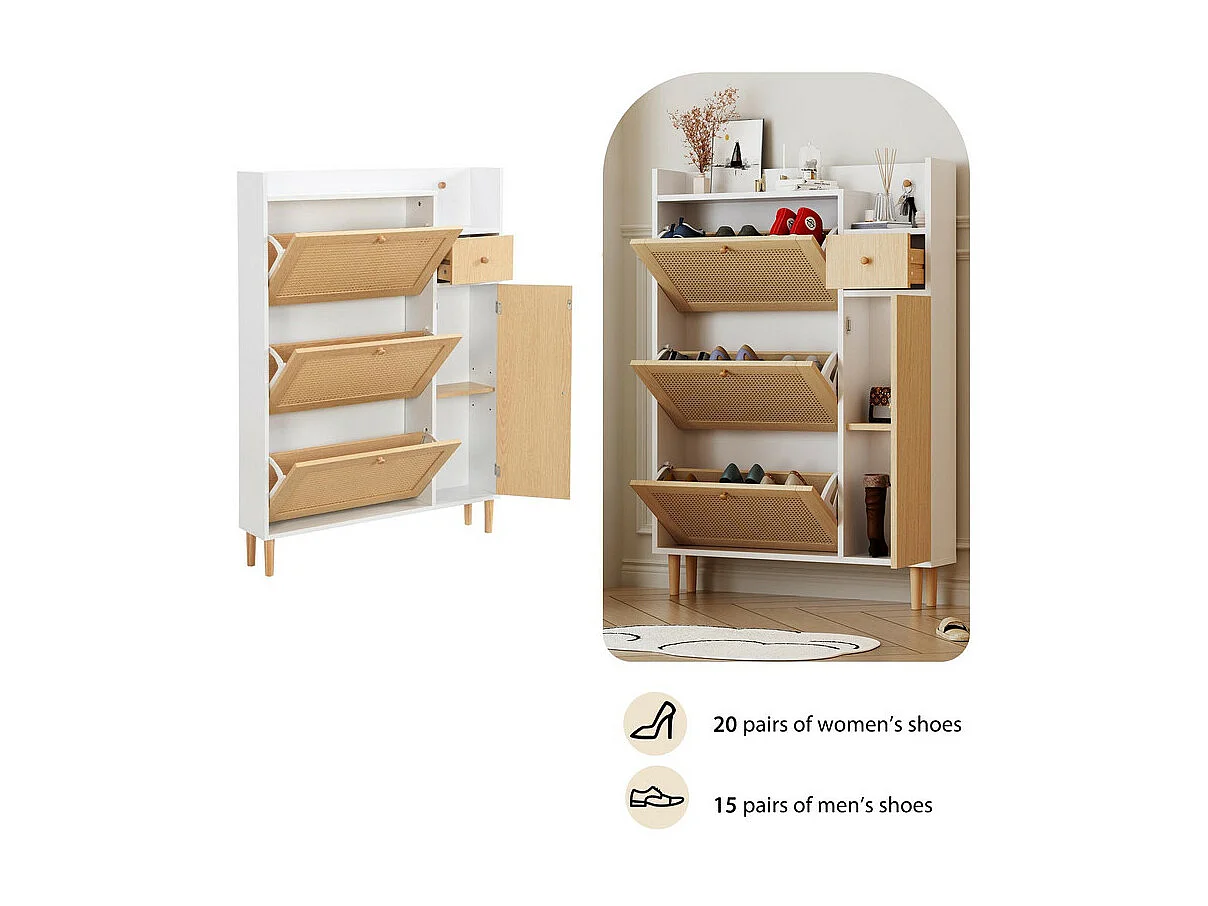 Schuhschrank aus Holz und Rattan – 3 Klapptüren und 1 Schublade – verstellbares Regal – Natur und Weiß