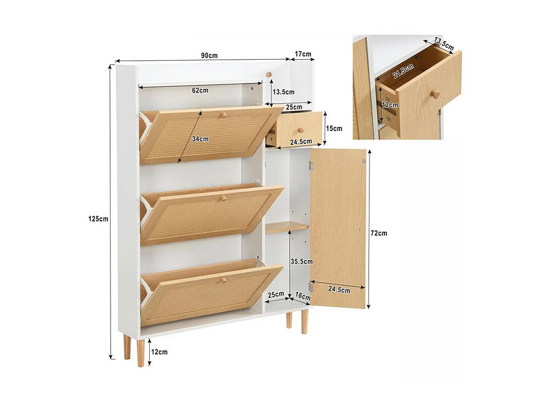 Schuhschrank aus Holz und Rattan – 3 Klapptüren und 1 Schublade – verstellbares Regal – Natur und Weiß
