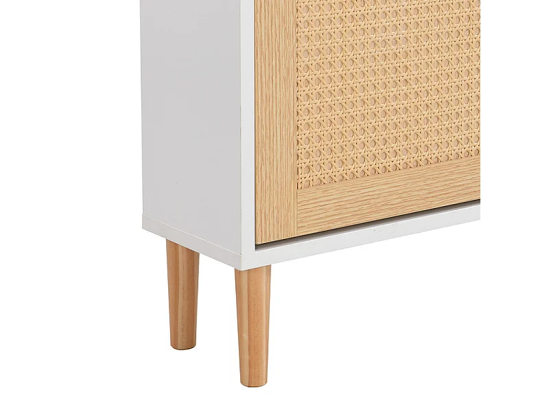 Schuhschrank aus Holz und Rattan – 3 Klapptüren und 1 Schublade – verstellbares Regal – Natur und Weiß