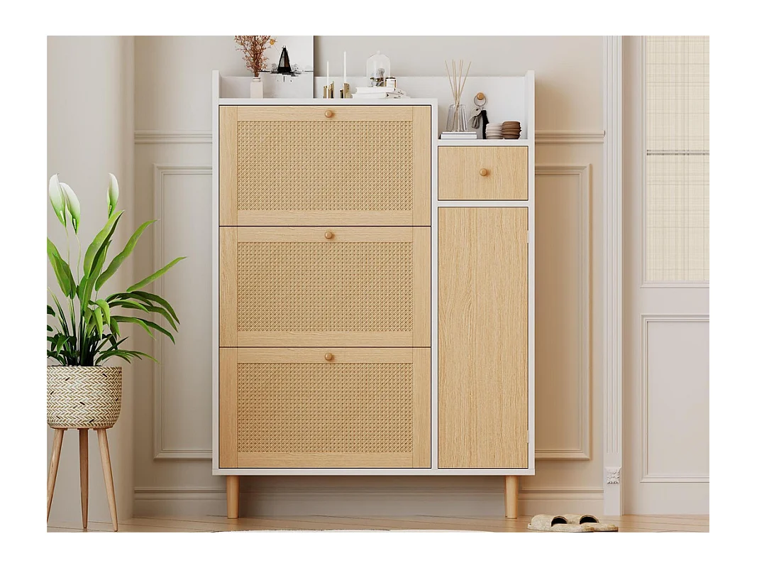 Meuble à chaussures en bois et rotin - 3 portes abattants et 1 tiroir - étagère réglable - Naturel & Blanc