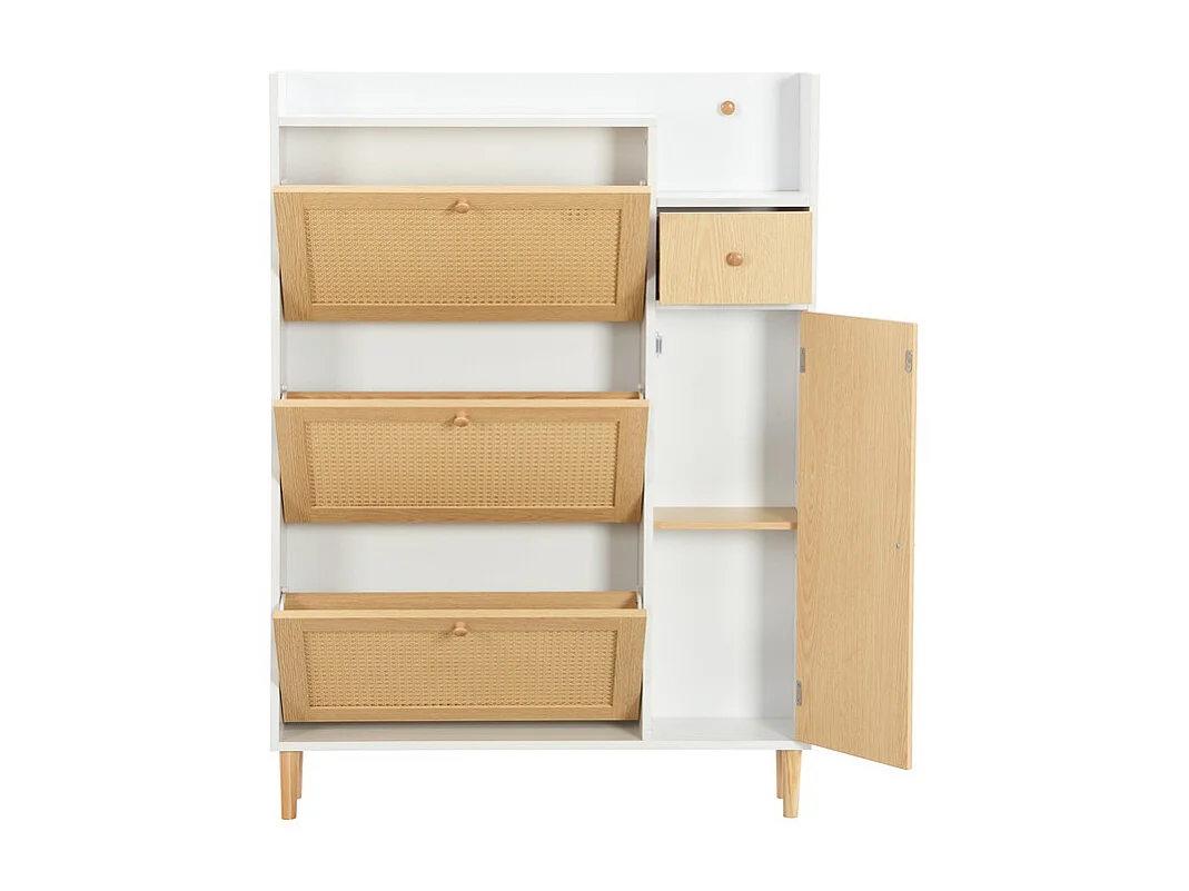 Meuble à chaussures en bois et rotin - 3 portes abattants et 1 tiroir - étagère réglable - Naturel & Blanc