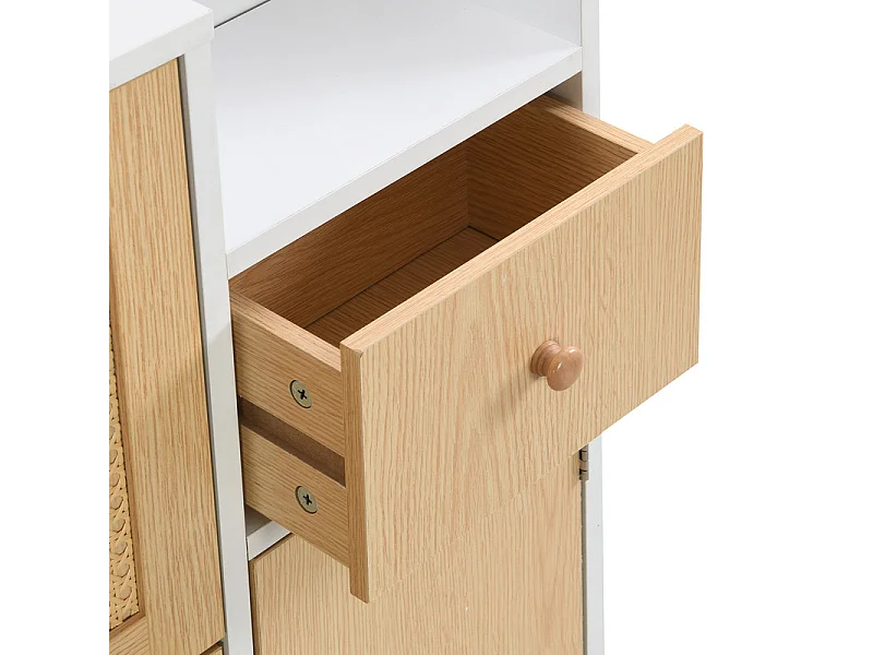 Meuble à chaussures en bois et rotin - 3 portes abattants et 1 tiroir - étagère réglable - Naturel & Blanc