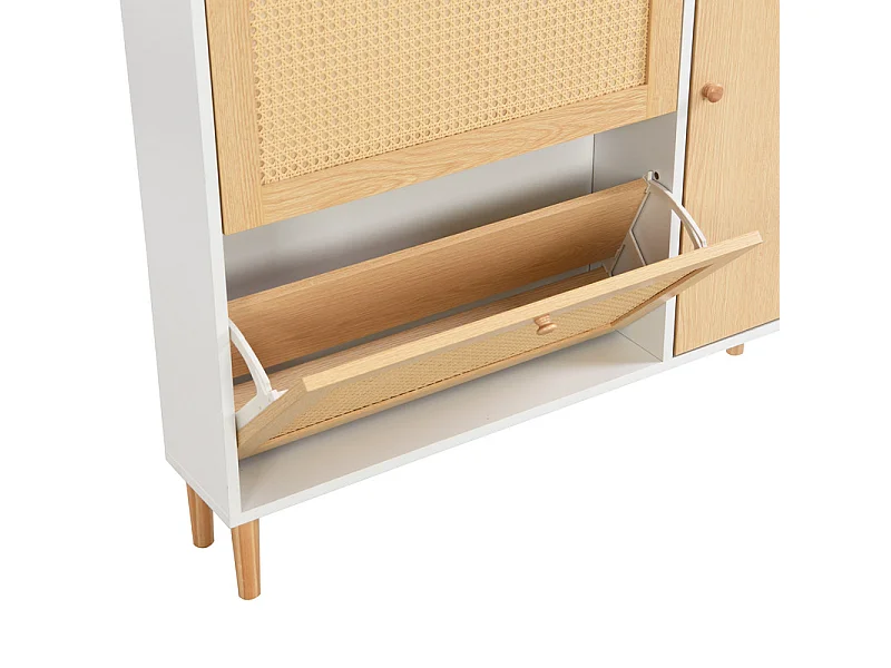 Meuble à chaussures en bois et rotin - 3 portes abattants et 1 tiroir - étagère réglable - Naturel & Blanc