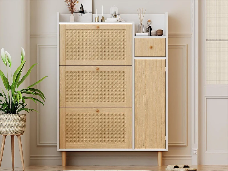 Schoenenkast in hout en rotan - 3 klepdeuren en 1 lade - verstelbare plank - Naturel & Wit