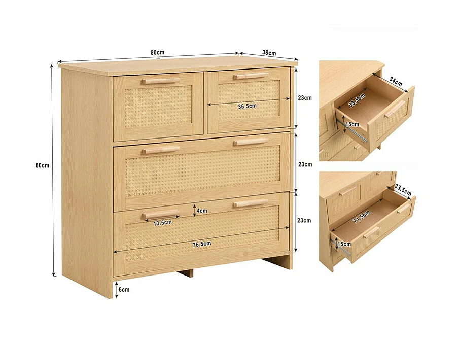 Buffet en rotin - 4 tiroirs avec poignées en bois massif - Naturel