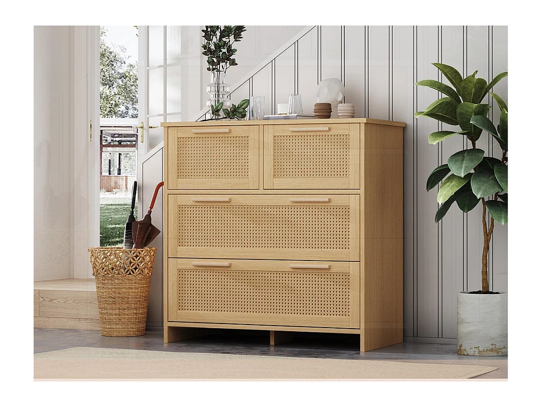 Rotan dressoir - 4 laden met massief houten handgrepen - Naturel