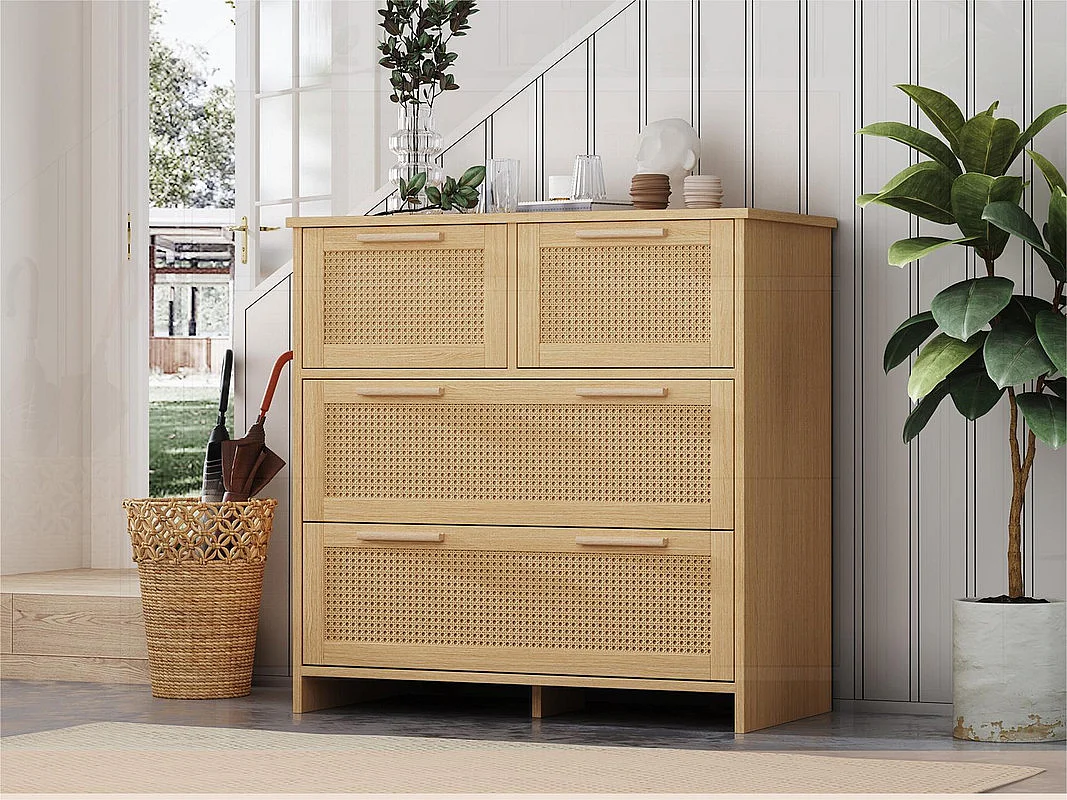 Rattan-Sideboard – 4 Schubladen mit Massivholzgriffen – Natur