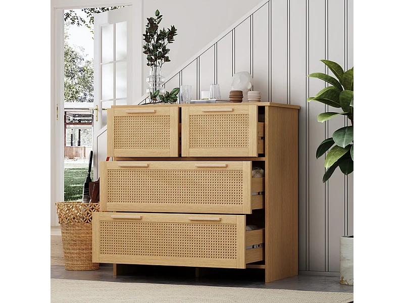 Rattan-Sideboard – 4 Schubladen mit Massivholzgriffen – Natur