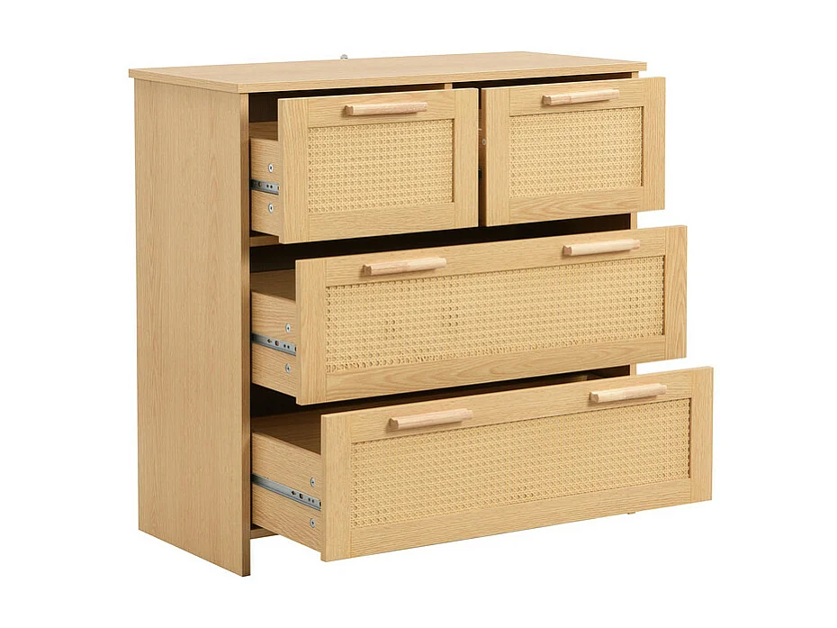 Rattan-Sideboard – 4 Schubladen mit Massivholzgriffen – Natur