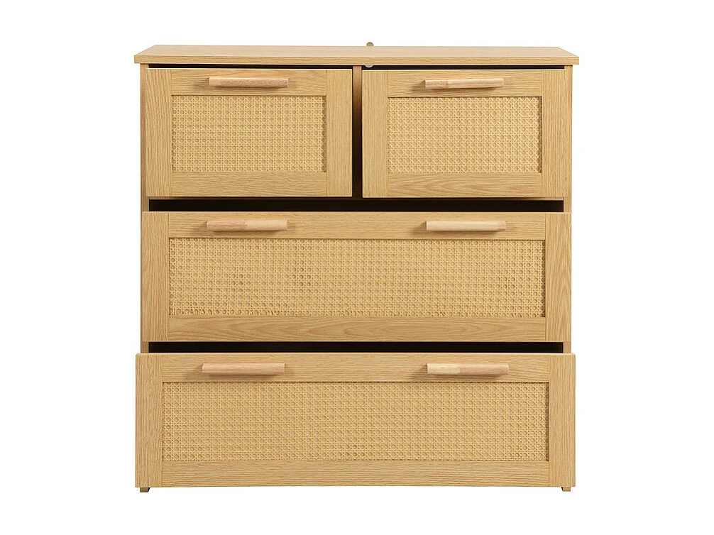 Rattan-Sideboard – 4 Schubladen mit Massivholzgriffen – Natur