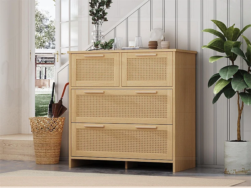 Rattan-Sideboard – 4 Schubladen mit Massivholzgriffen – Natur