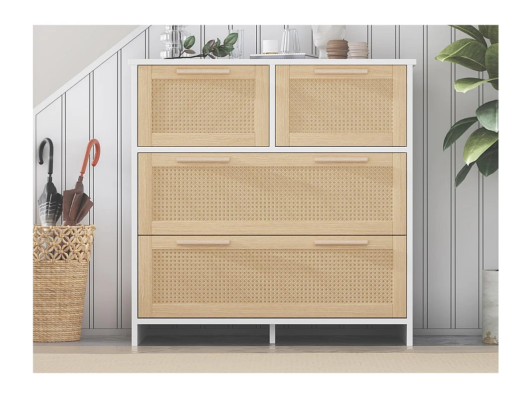 Rotan dressoir - 4 lades met massief houten handgrepen - Naturel & Wit