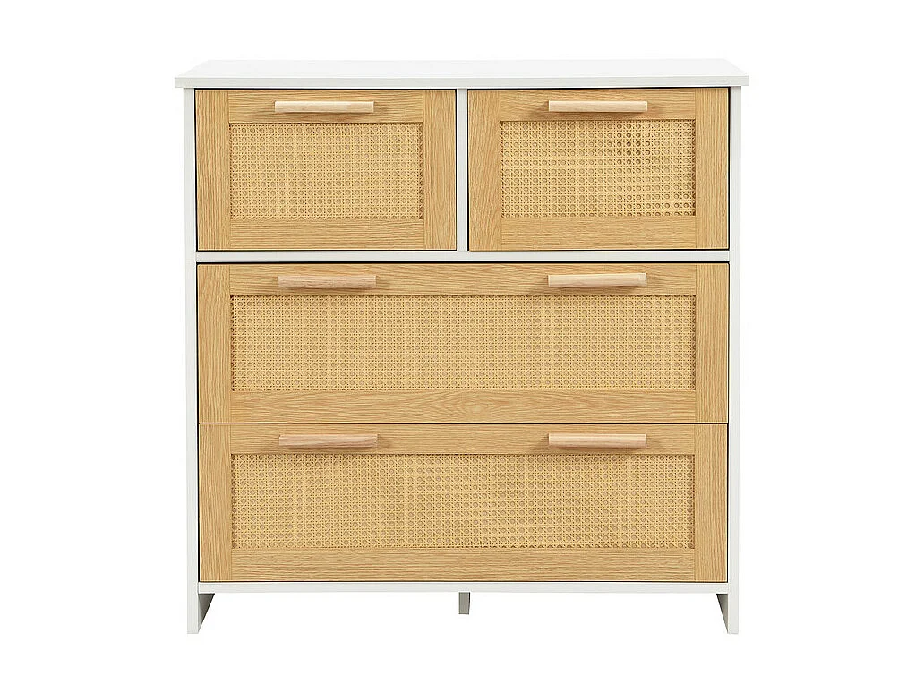 Rattan-Sideboard – 4 Schubladen mit Massivholzgriffen – Natur und Weiß