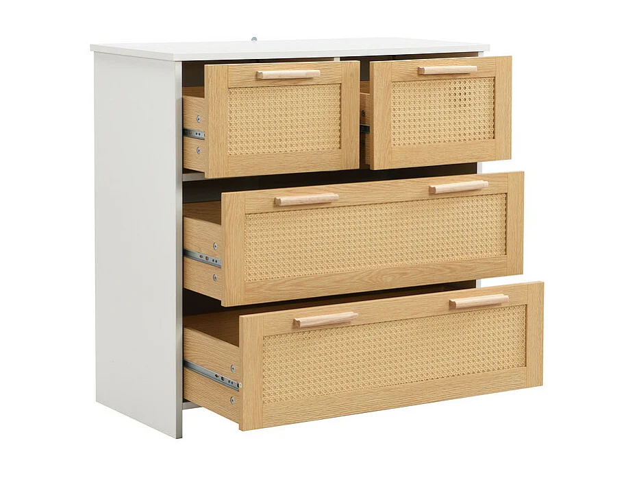 Rattan-Sideboard – 4 Schubladen mit Massivholzgriffen – Natur und Weiß