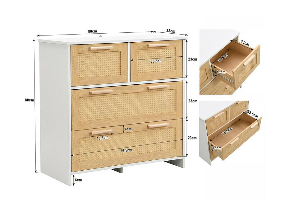 Rattan-Sideboard – 4 Schubladen mit Massivholzgriffen – Natur und Weiß