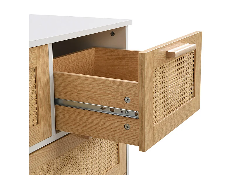Rattan-Sideboard – 4 Schubladen mit Massivholzgriffen – Natur und Weiß
