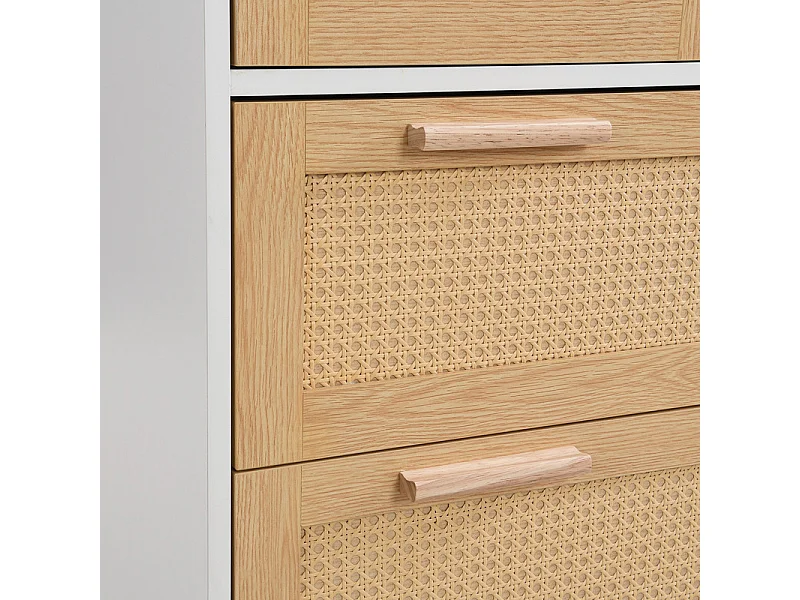 Rattan-Sideboard – 4 Schubladen mit Massivholzgriffen – Natur und Weiß