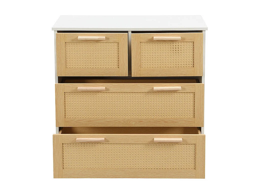 Rattan-Sideboard – 4 Schubladen mit Massivholzgriffen – Natur und Weiß