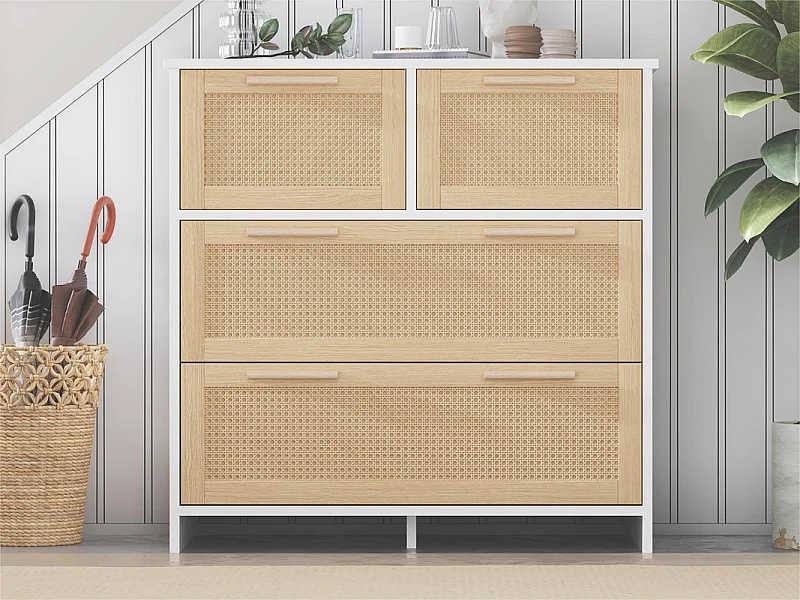 Rattan-Sideboard – 4 Schubladen mit Massivholzgriffen – Natur und Weiß