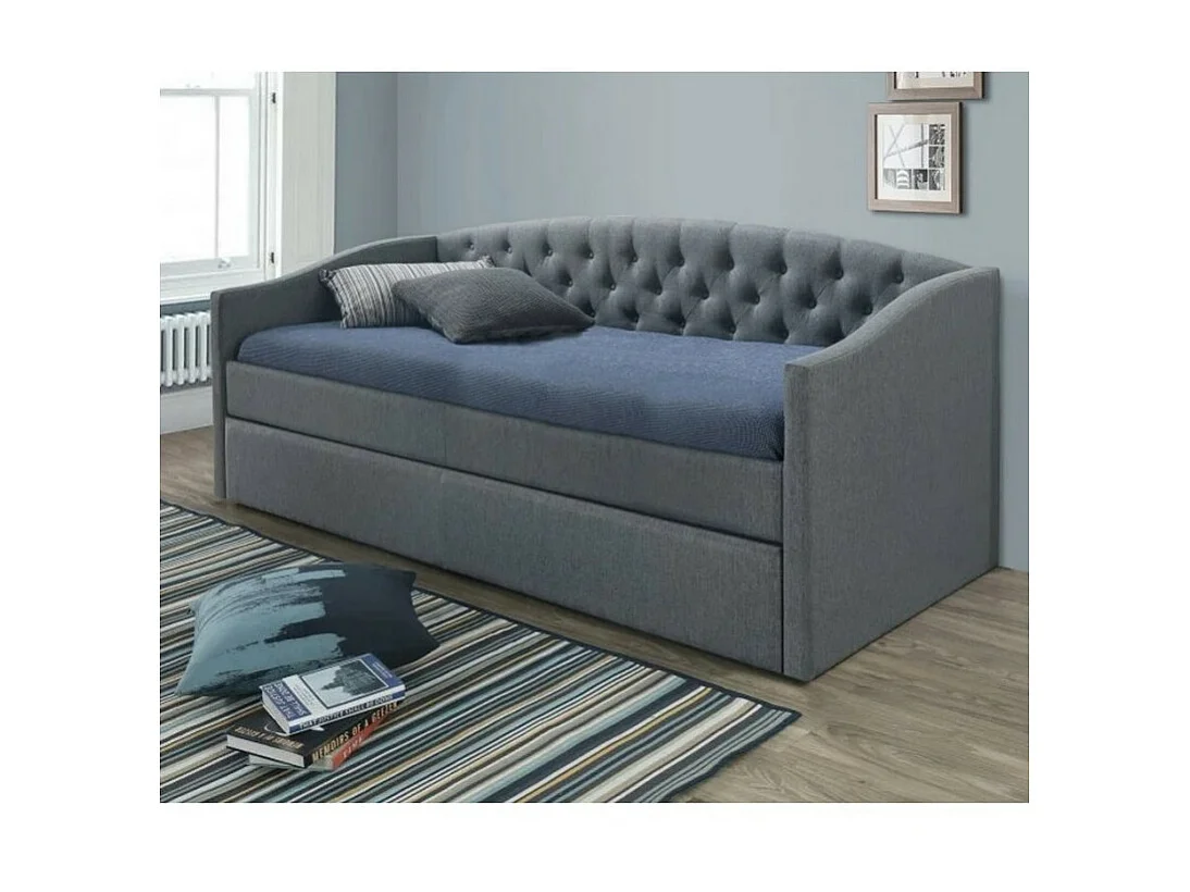 Lit tiroir design tissu gris 90cm + 1 couchage Praty - 1 matelas