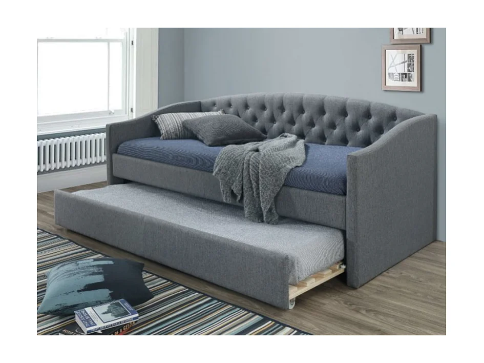 Lit tiroir design tissu gris 90cm + 1 couchage Praty - 2 matelas