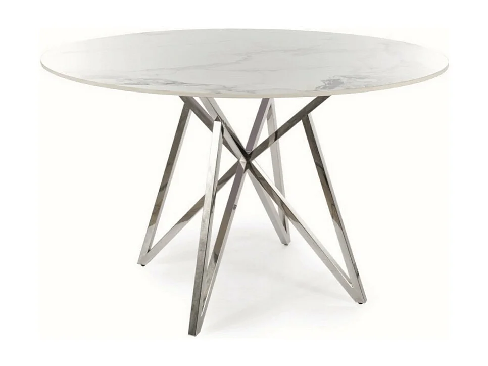Table à manger ronde aspect marbre blanc avec piètement chromé Manon