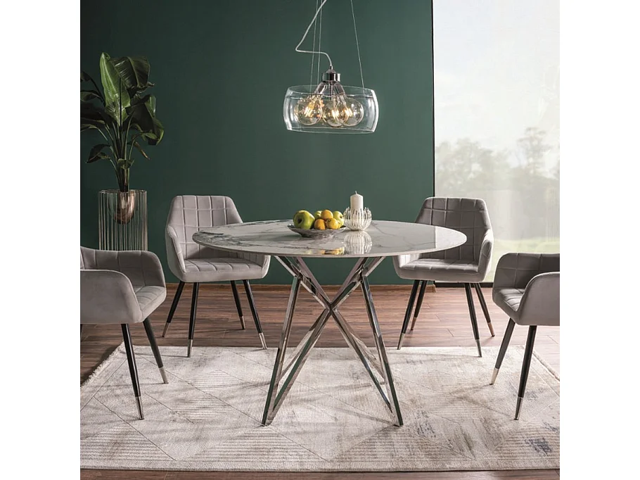 Tavolo da pranzo rotondo in marmo bianco Manon con base cromata