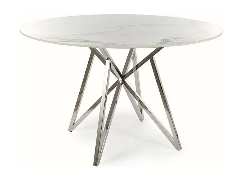 Mesa de comedor redonda Manon de aspecto mármol blanco y base cromada