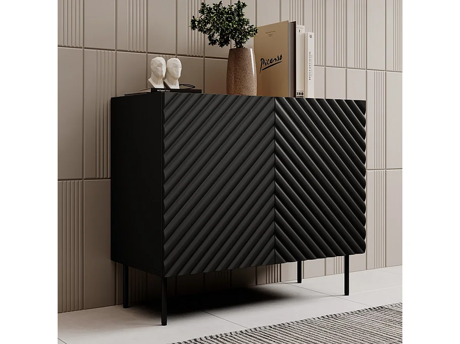 Credenza a 2 ante in legno e nero con frontali Emile 3D