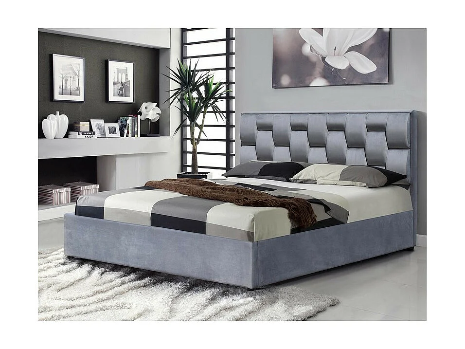 Lit 160 x 200 cm en velours gris avec coffre de rangement Serenity