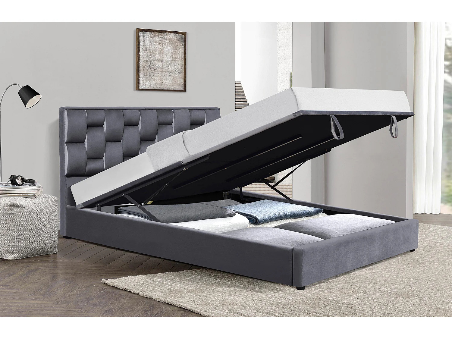 Lit 160 x 200 cm en velours gris avec coffre de rangement Serenity