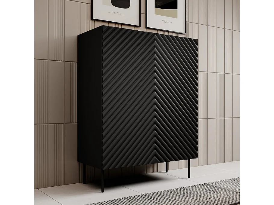 Buffet haut noir mat et bois 2 portes effet 3D Emile