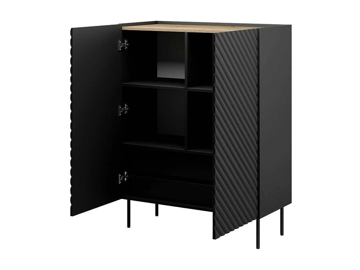 Buffet haut noir mat et bois 2 portes effet 3D Emile