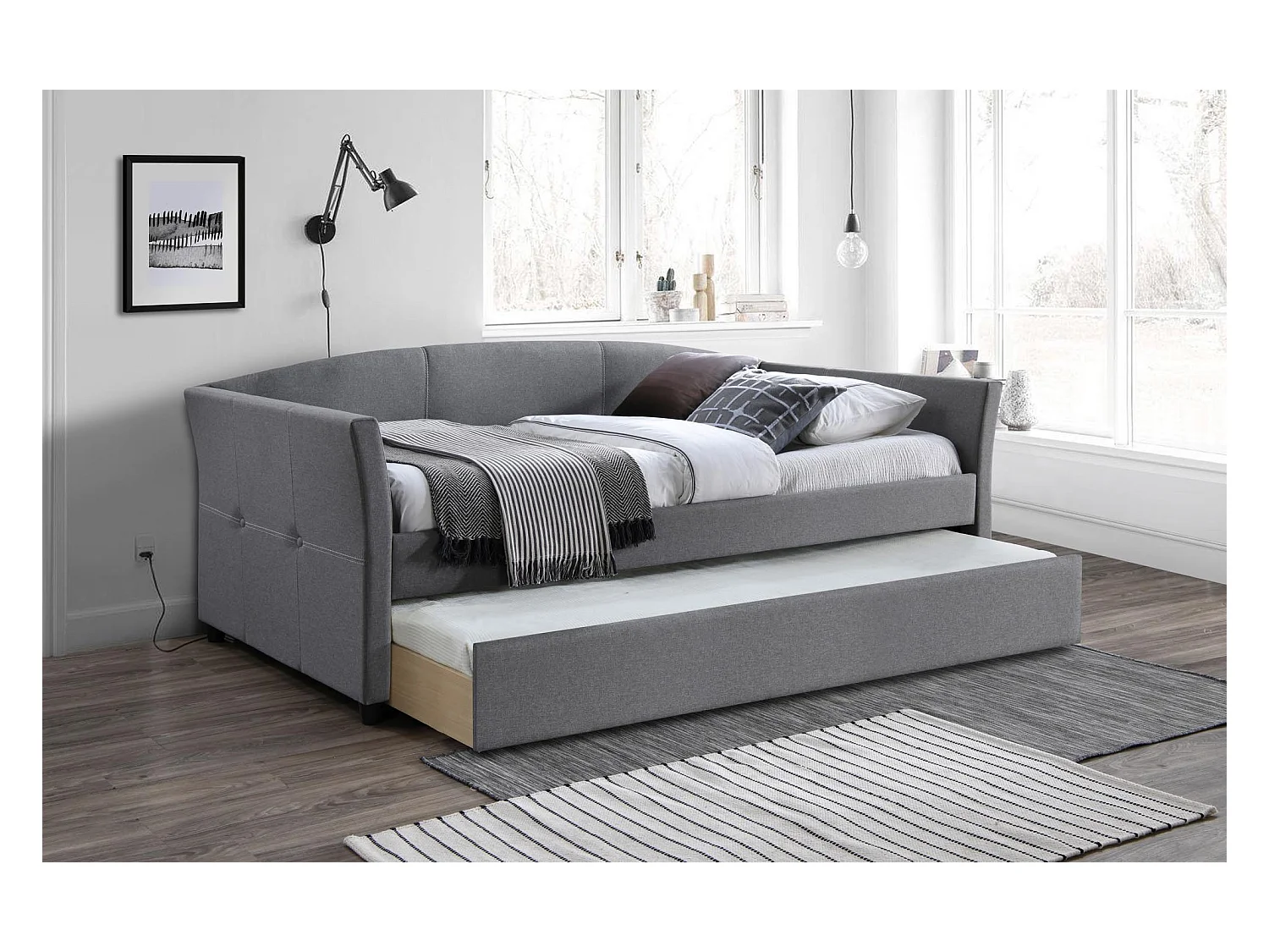 Letto a scomparsa in tessuto grigio con struttura in legno di gomma siciliano