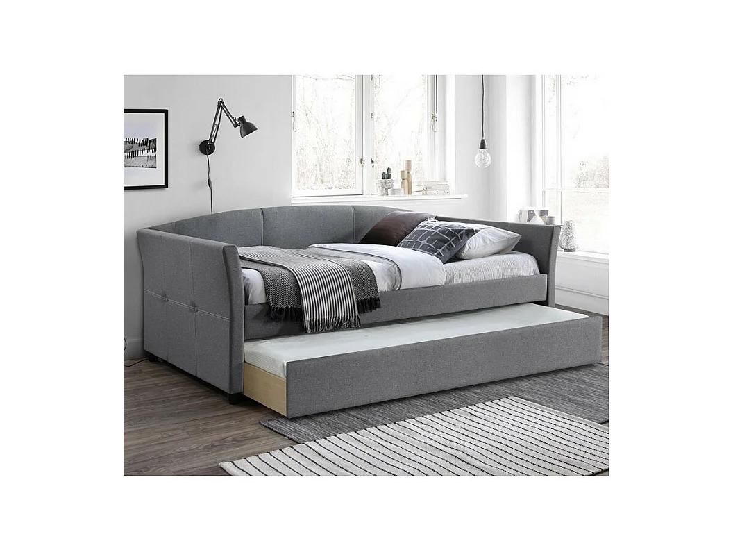 Lit gigogne en tissu gris avec structure en bois d'hévéa Sicile - 2 matelas (198€)