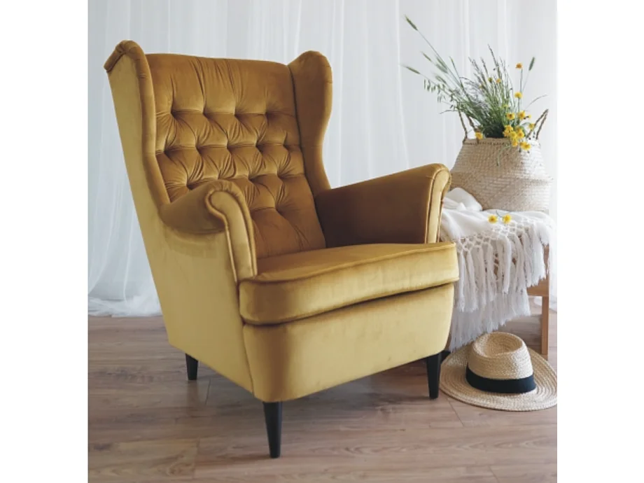Fauteuil bergère capitonné velours jaune curry Jolt