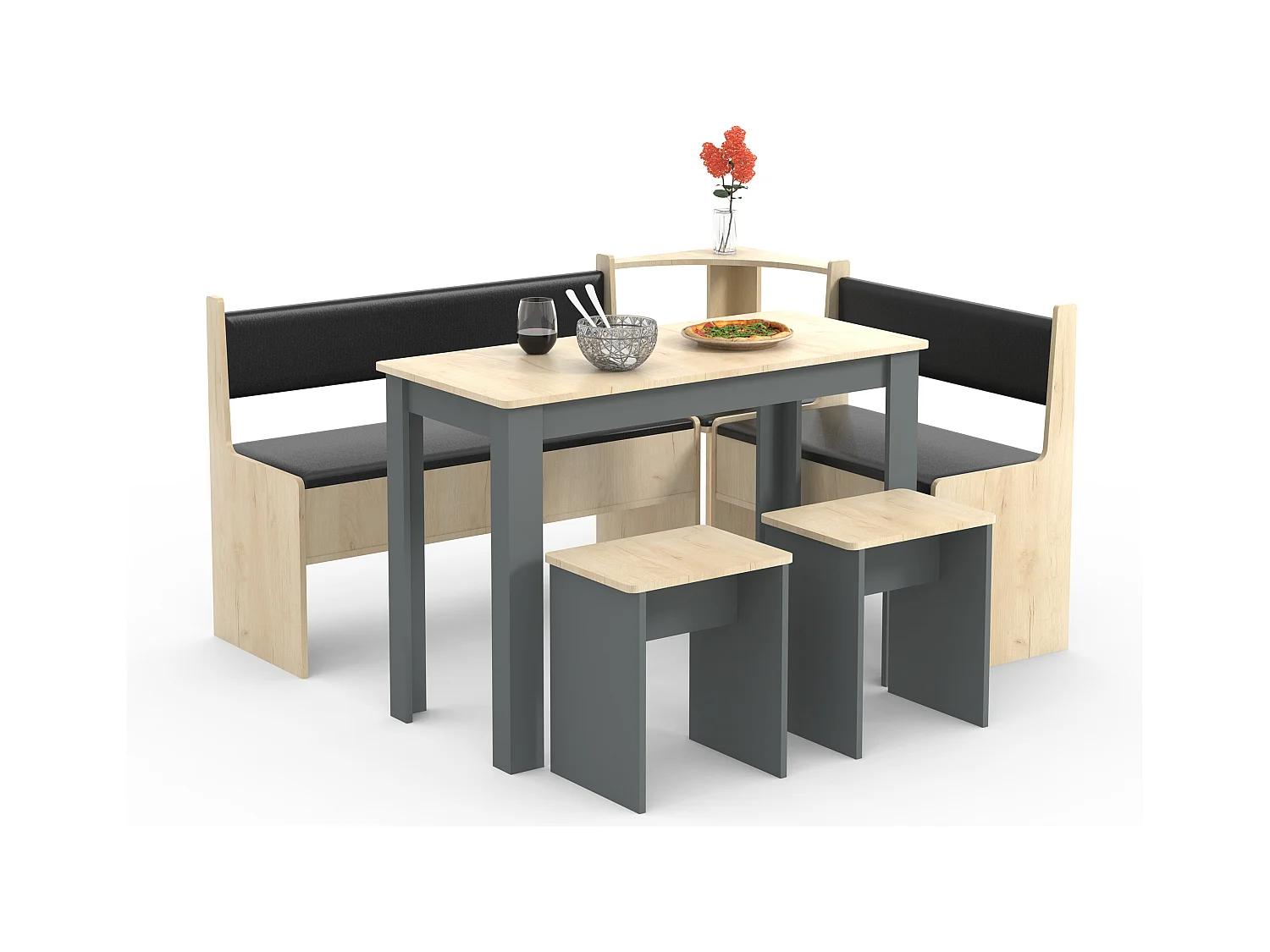 Dining Group Esal Anthracite / honey oak H. 80 x W. 153 x D. 153 cm
